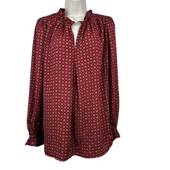 Max Studio Blouse Top Ruffled Relax Fit Puff Sleeve Abstract Peasant Burgundy 2X - Picture 1 of 11